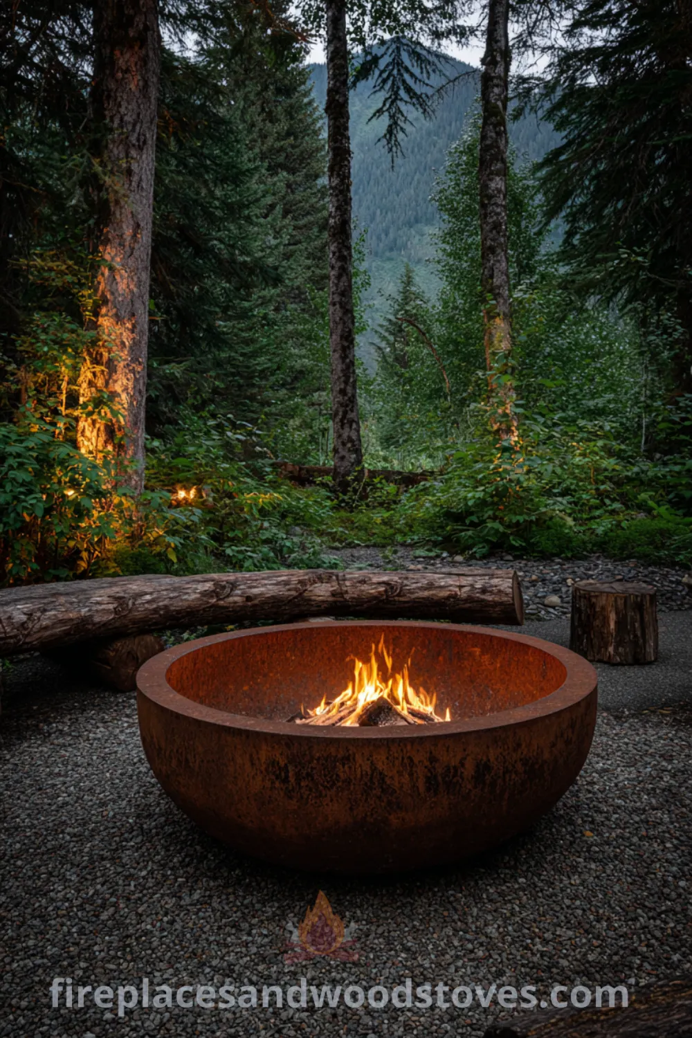 Rugged fire pit in a forest clearing with simple log seating, cozy atmosphere, natural fire pit, and rustic fire pit elements.