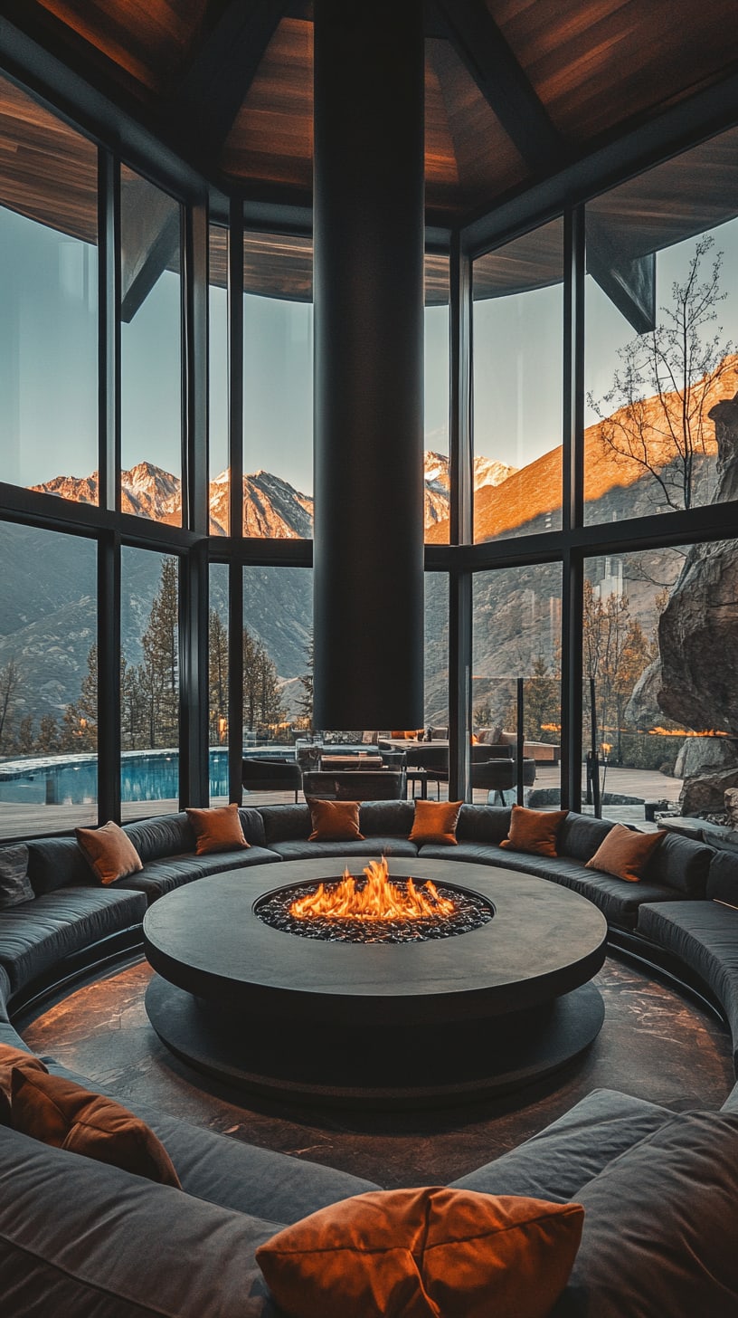 A circular fireplace in a luxury modern living room surrounded by sofas, with floor-to-ceiling windows showcasing mountains and a pool outside.