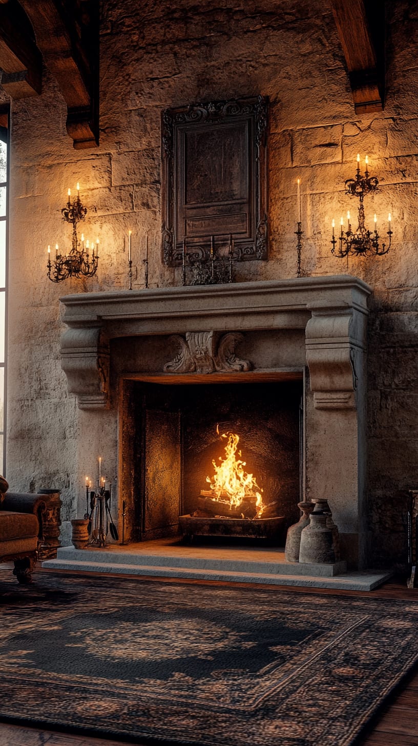 A rustic stone fireplace with flickering flames and candlelight, surrounded by antique furniture and a vintage rug in an old castle setting.