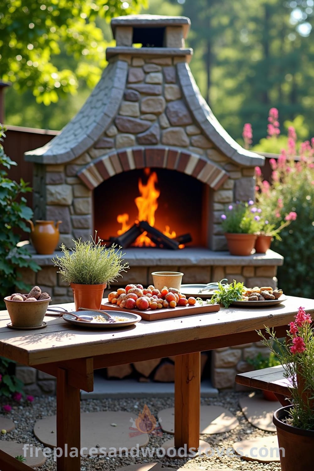 Rustic stone outdoor barbecue in a sunlit backyard, featuring flickering flames over charred wood, worn wooden table, potted herbs and wildflowers, creating a cozy, inviting atmosphere for gatherings. Visit fireplacesandwoodstoves.com for unique ideas and inspirations.