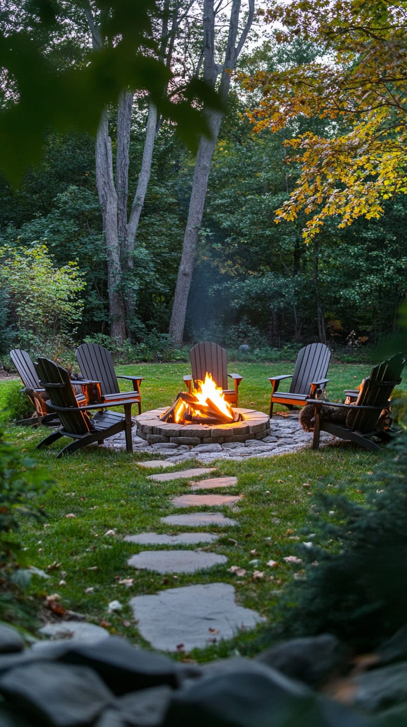 A cozy fire pit surrounded by wooden chairs in a lush green backyard with autumn foliage.
