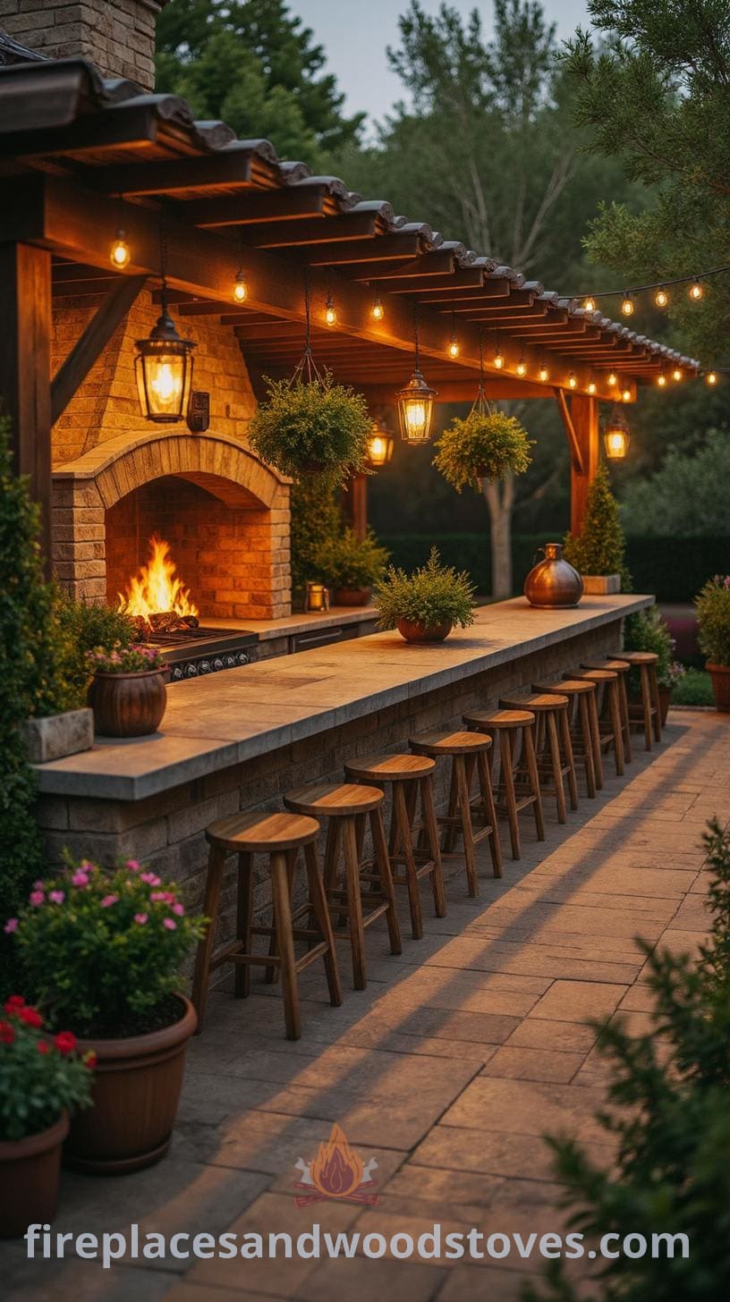 An outdoor kitchen area featuring a stone counter, wooden stools, two built-in ovens, surrounded by greenery and hanging plants, with warm string lights creating an inviting atmosphere.