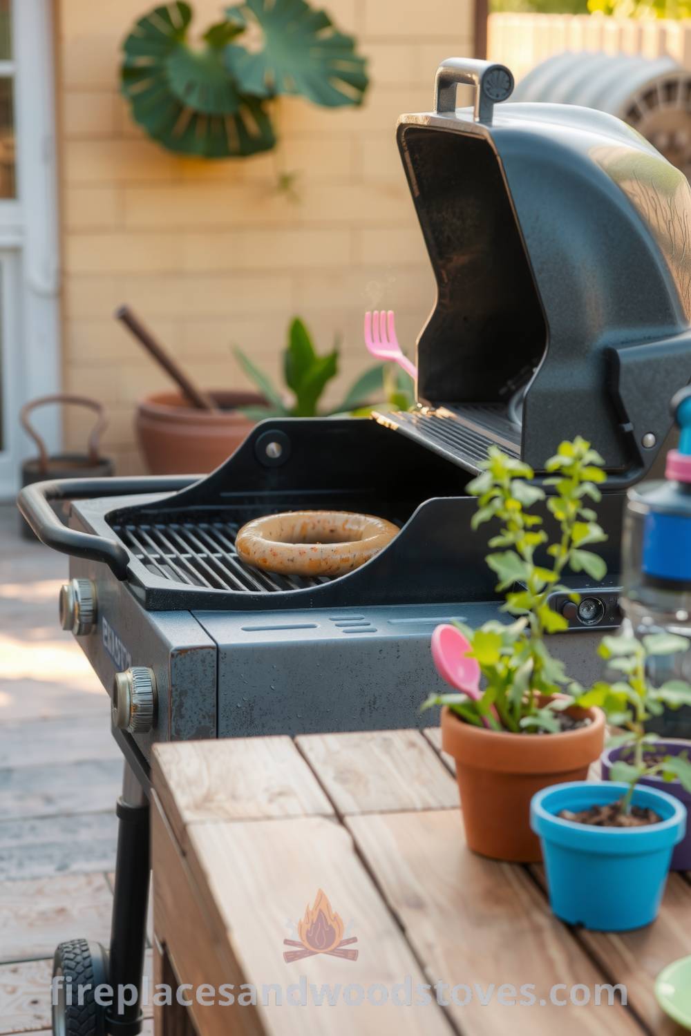 Barbecue on a sun-drenched patio with sizzling sausages, a wooden table set with colorful utensils, and terracotta pots with herbs, depicting inviting summer cookout decor inspirations. Visit fireplacesandwoodstoves.com for unique ideas.