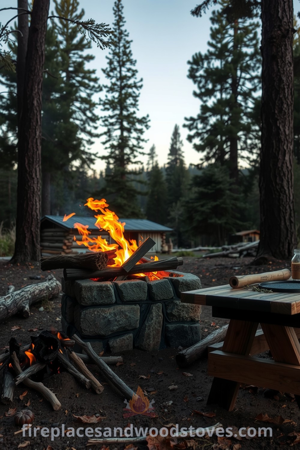 Log-built barbecue station in a forest clearing with a stone grill surrounded by trees, glowing flames, a weathered wooden table, and scattered leaves, creating a cozy outdoor dining atmosphere. Visit fireplacesandwoodstoves.com for design ideas and inspirations.