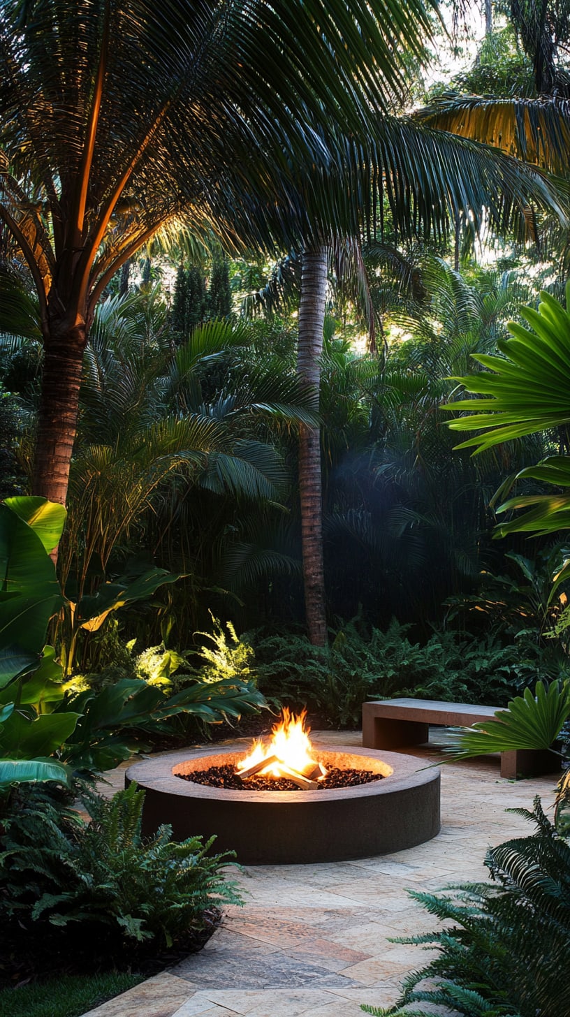 A tranquil tropical garden featuring lush greenery, palm trees, and ferns surrounding an elegant fire pit, creating a cozy atmosphere for gatherings.