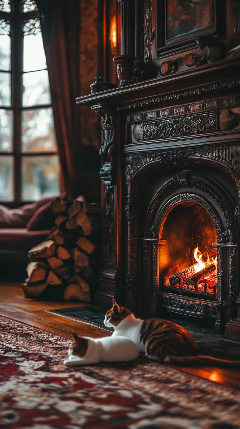 A cozy Victorian fireplace with intricate carvings, warm flames, and an elegant cat lounging on a rug, creating an inviting ambiance in a vintage setting.