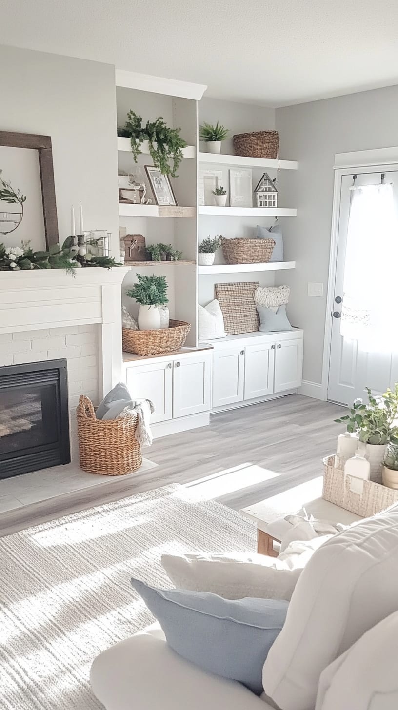A cozy modern farmhouse living room featuring light grey wood floors, white built-in cabinets, natural light, greenery decor, and wicker baskets.