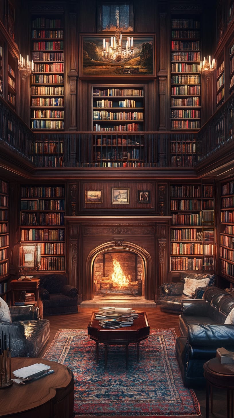 A vintage library featuring towering bookshelves, plush leather sofas, and a warm candlelit ambiance, creating an inviting and cozy atmosphere for reading.
