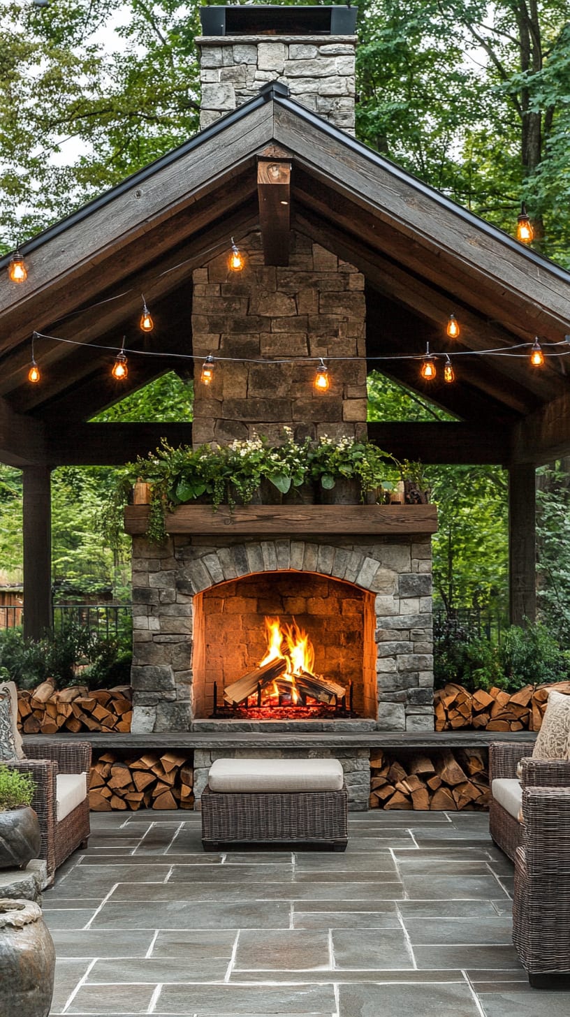 A rustic outdoor fireplace in a pavilion surrounded by seating and greenery, decorated with string lights.