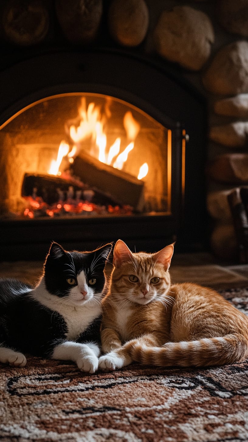 Two cats lying in front of a fireplace, creating a warm and cozy atmosphere.