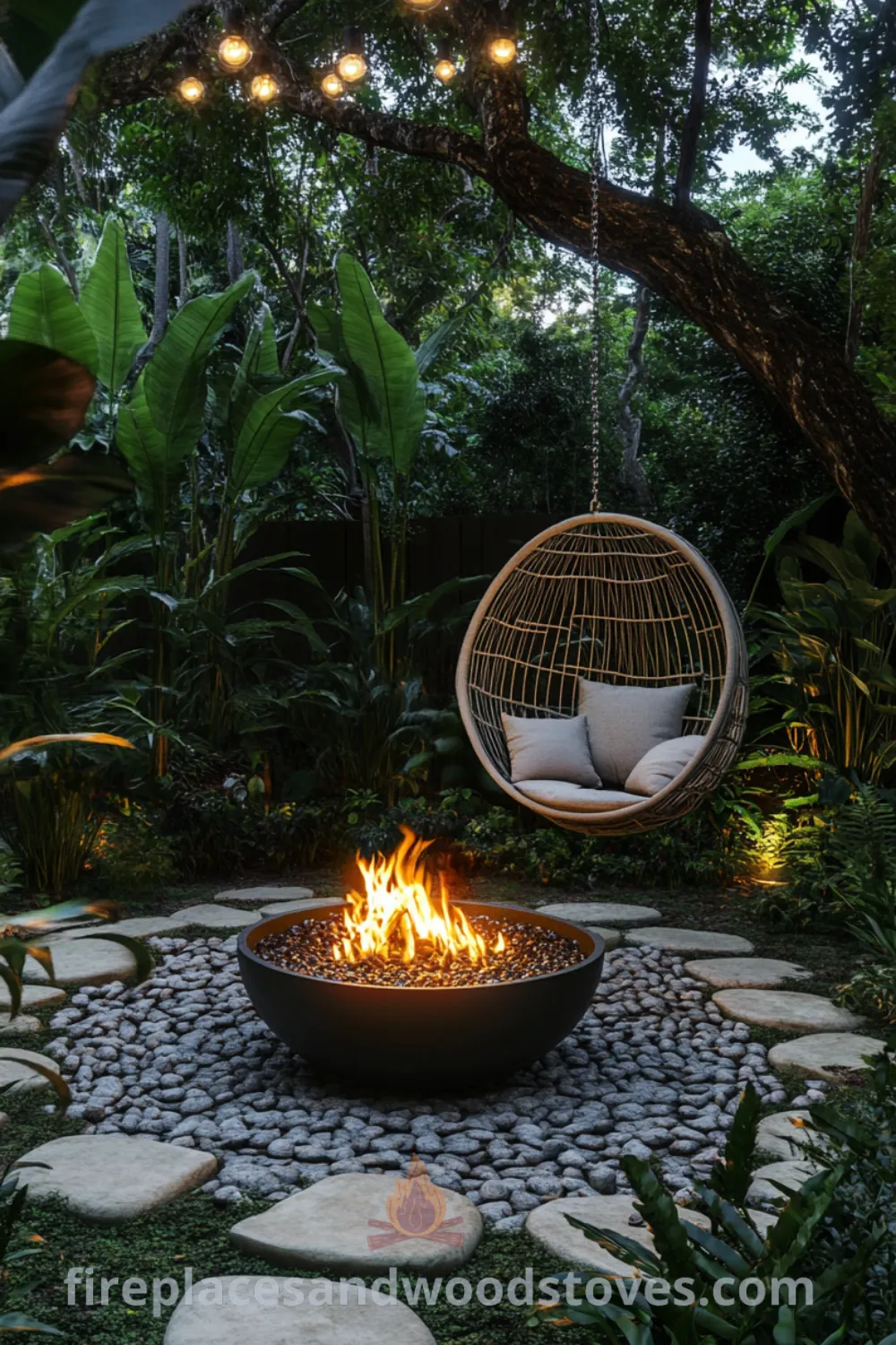 Backyard fire pit area with seating arrangements and cozy decor inspirations on fireplacesandwoodstoves.com, featuring outdoor fire pit lighting, cozy backyard ideas, and creative backyard landscaping for a perfect outdoor hangout area.