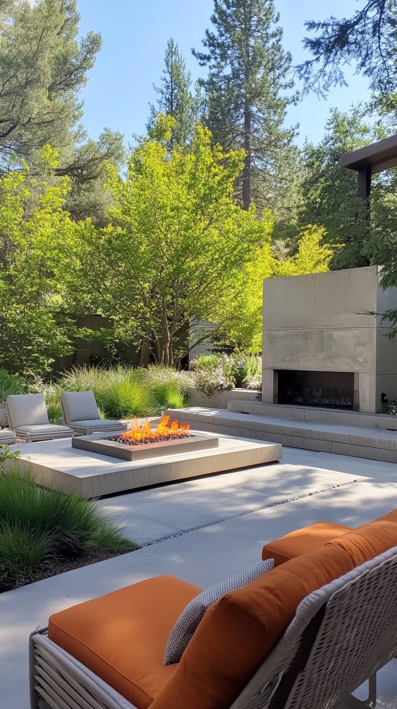 A modern outdoor living area with concrete seating, a fire pit, and an oversized stone fireplace, surrounded by trees in a California forest.