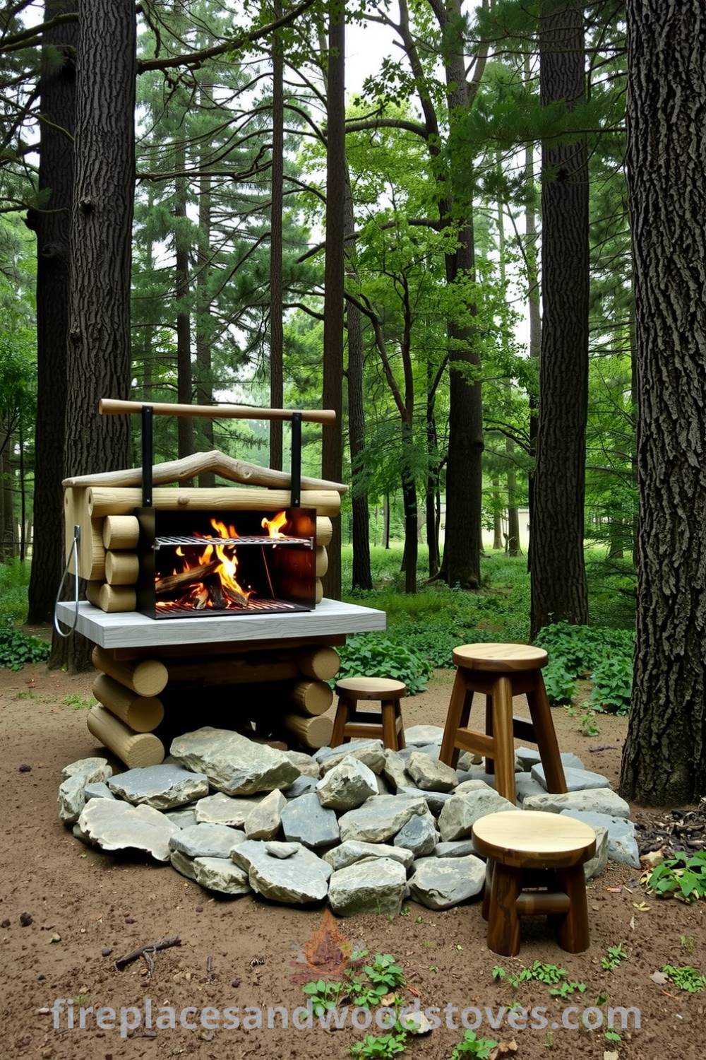 Log-built outdoor barbecue in a lush forest clearing with flickering flames, surrounded by trees and rustic stone circle, complemented by hand-carved wooden stools, creating a cozy retreat atmosphere for gatherings, as featured on fireplacesandwoodstoves.com.