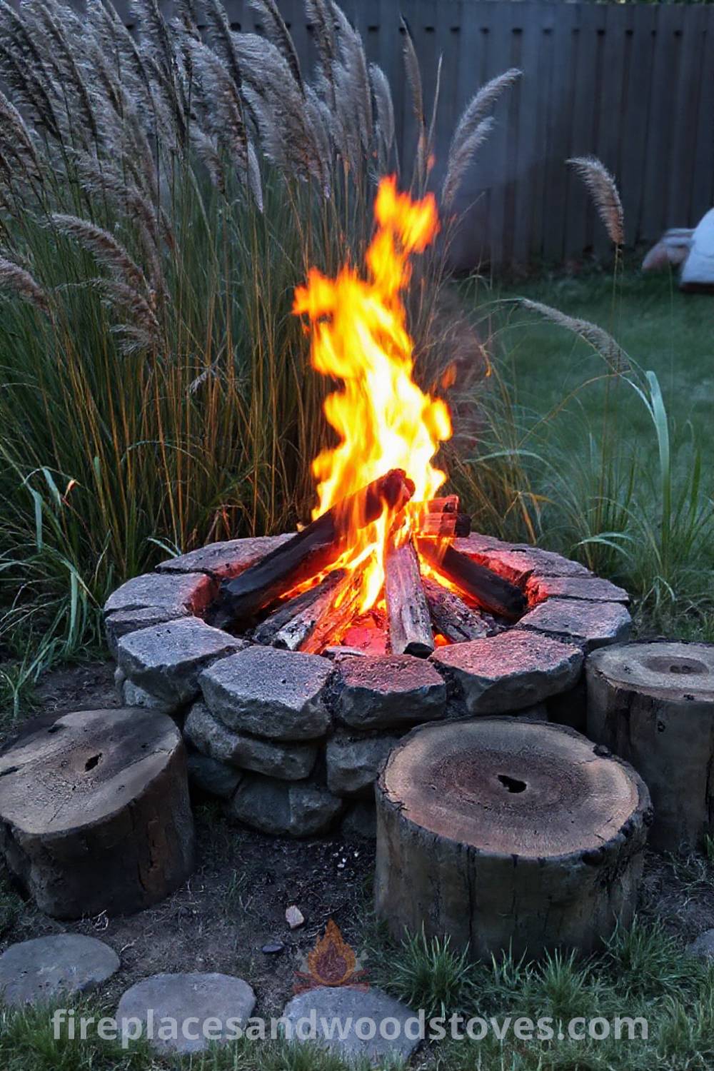Rugged charcoal camping fire pit in a backyard setting with swaying grasses and wooden stumps, creating a cozy and inviting atmosphere for gatherings, perfect for outdoor relaxation. Visit patioandhomefurniture.com for stylish ideas transforming your backyard into a dream retreat.