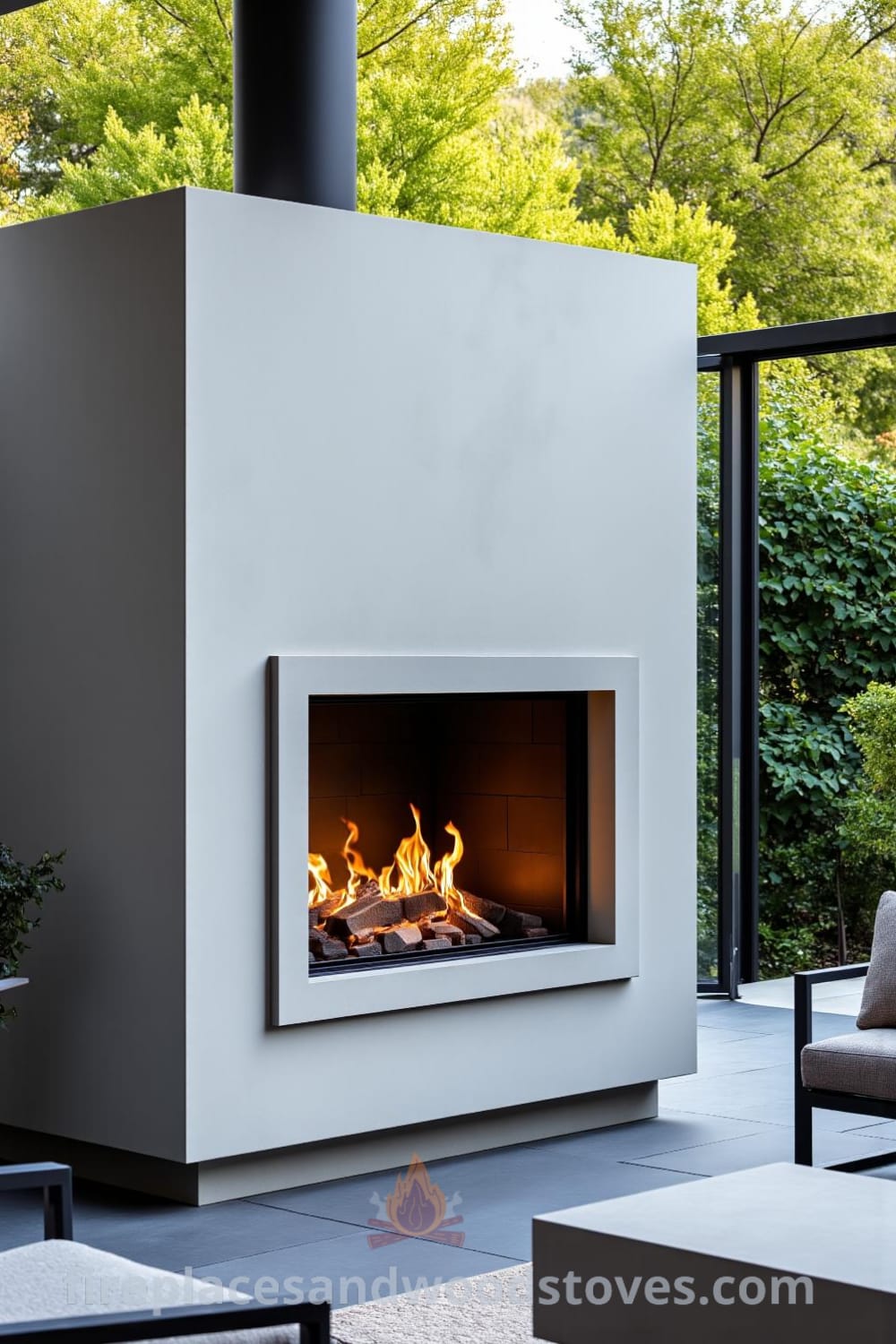 Minimalist concrete fireplace on a contemporary patio surrounded by chic outdoor furniture, flickering flames casting warm light on smooth concrete and slate tiles, creating a cozy atmosphere. For more design ideas, visit fireplacesandwoodstoves.com.