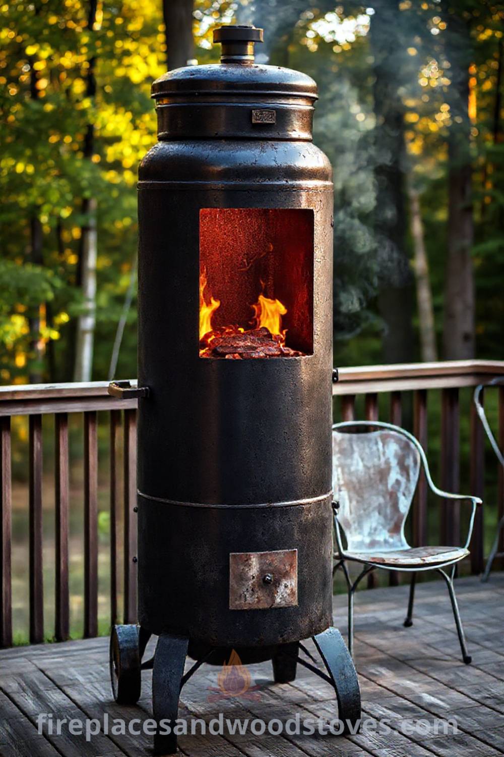 Tall vertical smoker on a wooden deck surrounded by mismatched chairs, with warm golden light filtering through trees, creating a cozy barbecue atmosphere perfect for gathering with friends. Visit patioandhomefurniture.com for incredible outdoor design inspiration.
