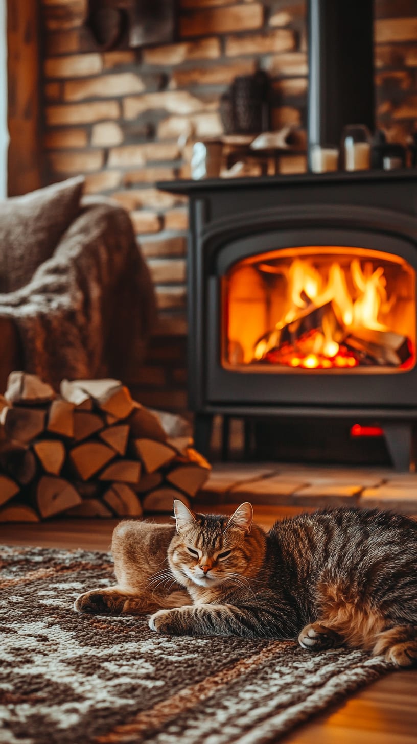 A cat relaxing on the floor in front of a classic wood stove, with neatly stacked firewood nearby, creating a cozy winter atmosphere.