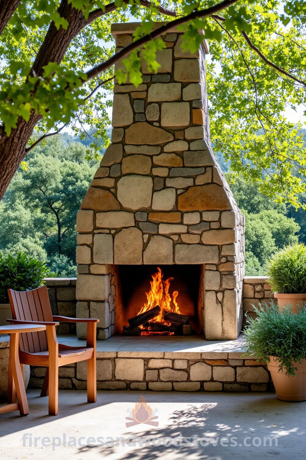 Rustic stone fireplace on a sun-dappled patio illuminating mismatched wooden chairs, surrounded by fragrant herbs, creating a cozy atmosphere for gatherings, ideal for outdoor decor ideas at fireplacesandwoodstoves.com.
