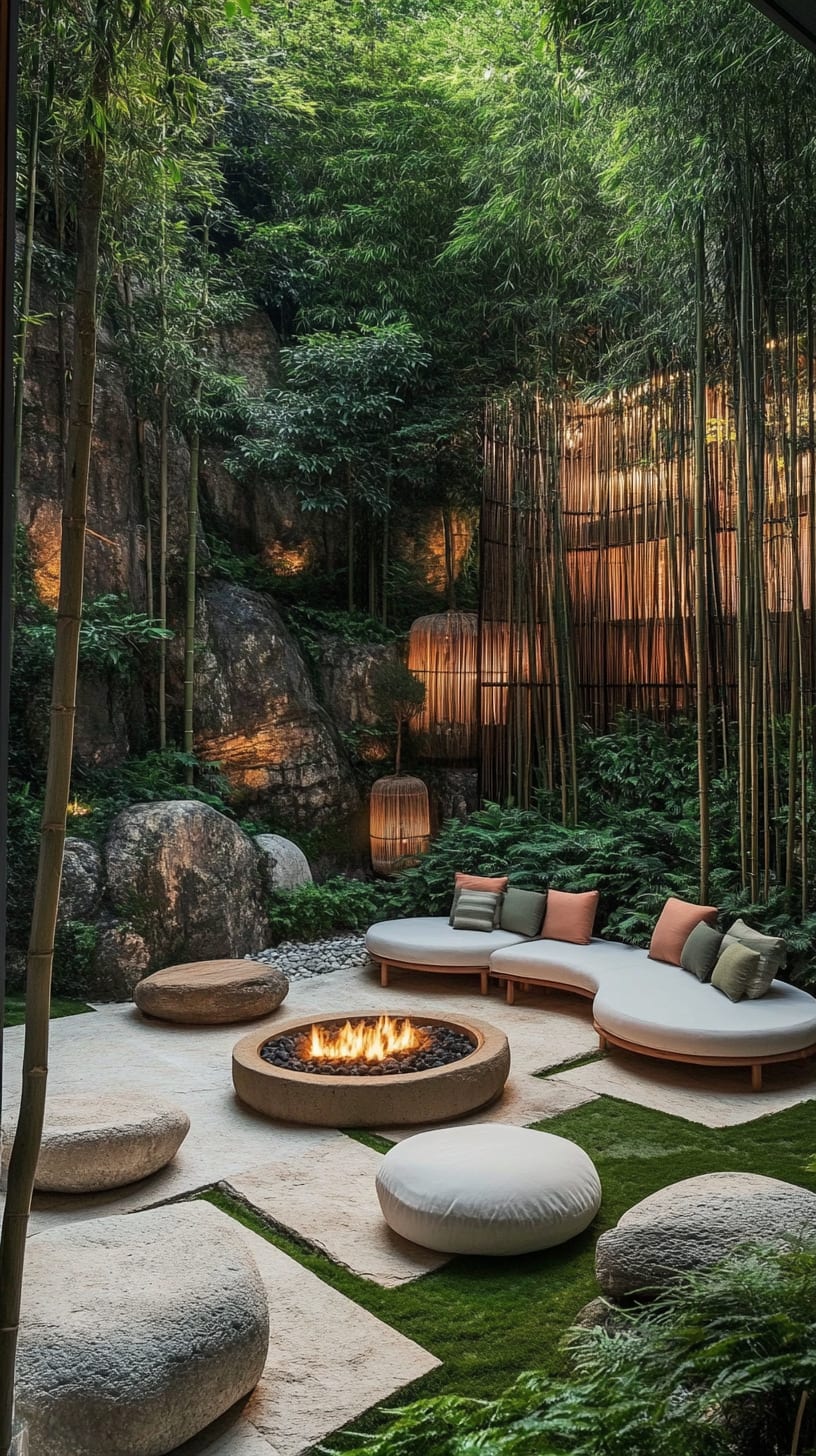 An outdoor courtyard in a bamboo forest featuring circular seating, beige sofas, white cushions, and a fire pit surrounded by greenery, creating a serene and inviting atmosphere.