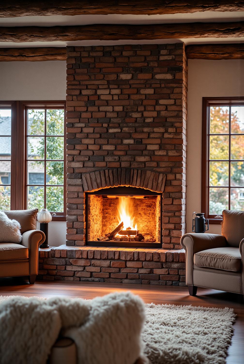 Traditional brick fireplace in a cozy living room with flickering flames, exposed wooden beams, plush armchairs, and a soft rug, providing design ideas for a warm, inviting space at fireplacesandwoodstoves.com.