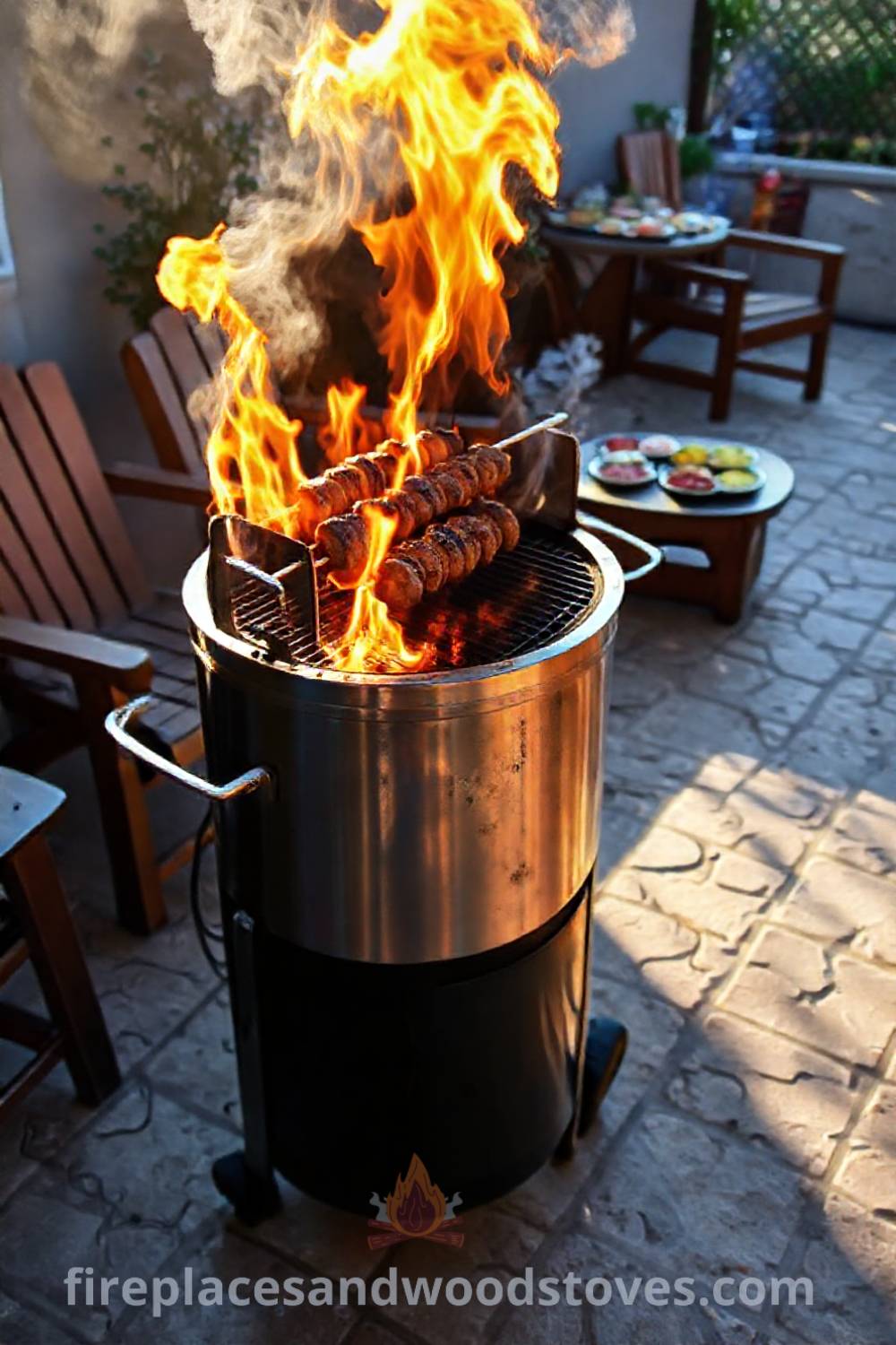 Sturdy barbecue with a rotisserie on a tiled patio, flames dancing around skewered meat, surrounded by wooden chairs and an assortment of colorful side dishes, creating a cozy and stylish outdoor dining scene perfect for entertaining. Visit patioandhomefurniture.com for incredible outdoor design inspiration.