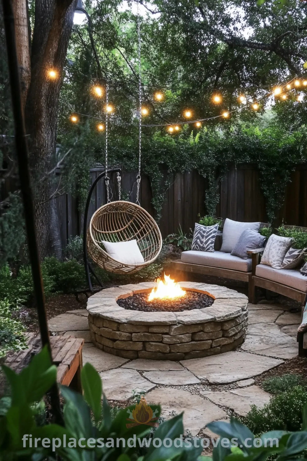 Backyard fire pit area on fireplacesandwoodstoves.com, showcasing cozy outdoor seating, stylish fire pit designs, and creative backyard inspirations for cozy gatherings around the fire.