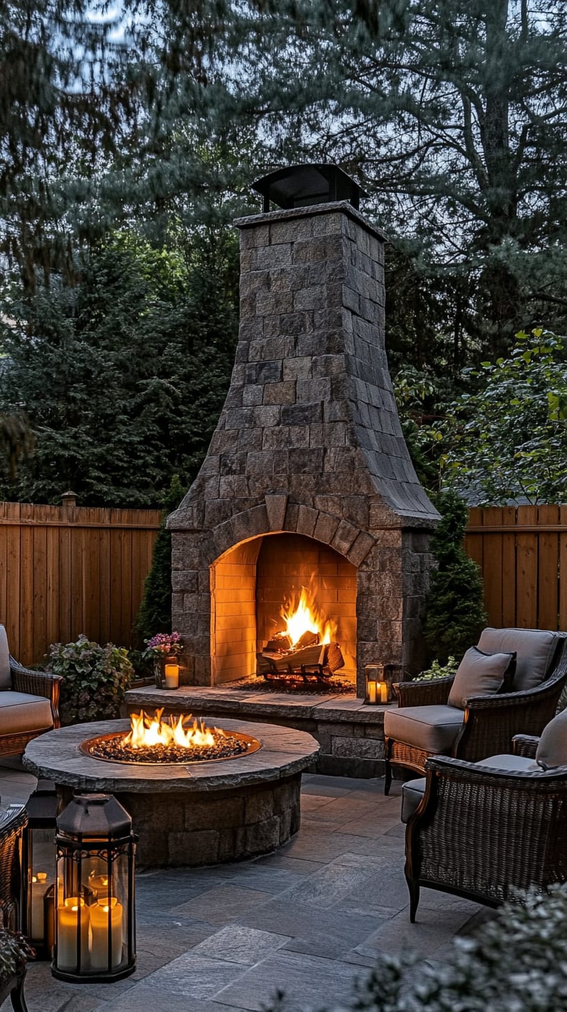 A beautifully designed outdoor space featuring a stone fireplace, cozy seating, and ambient lighting, surrounded by trees and flowers.