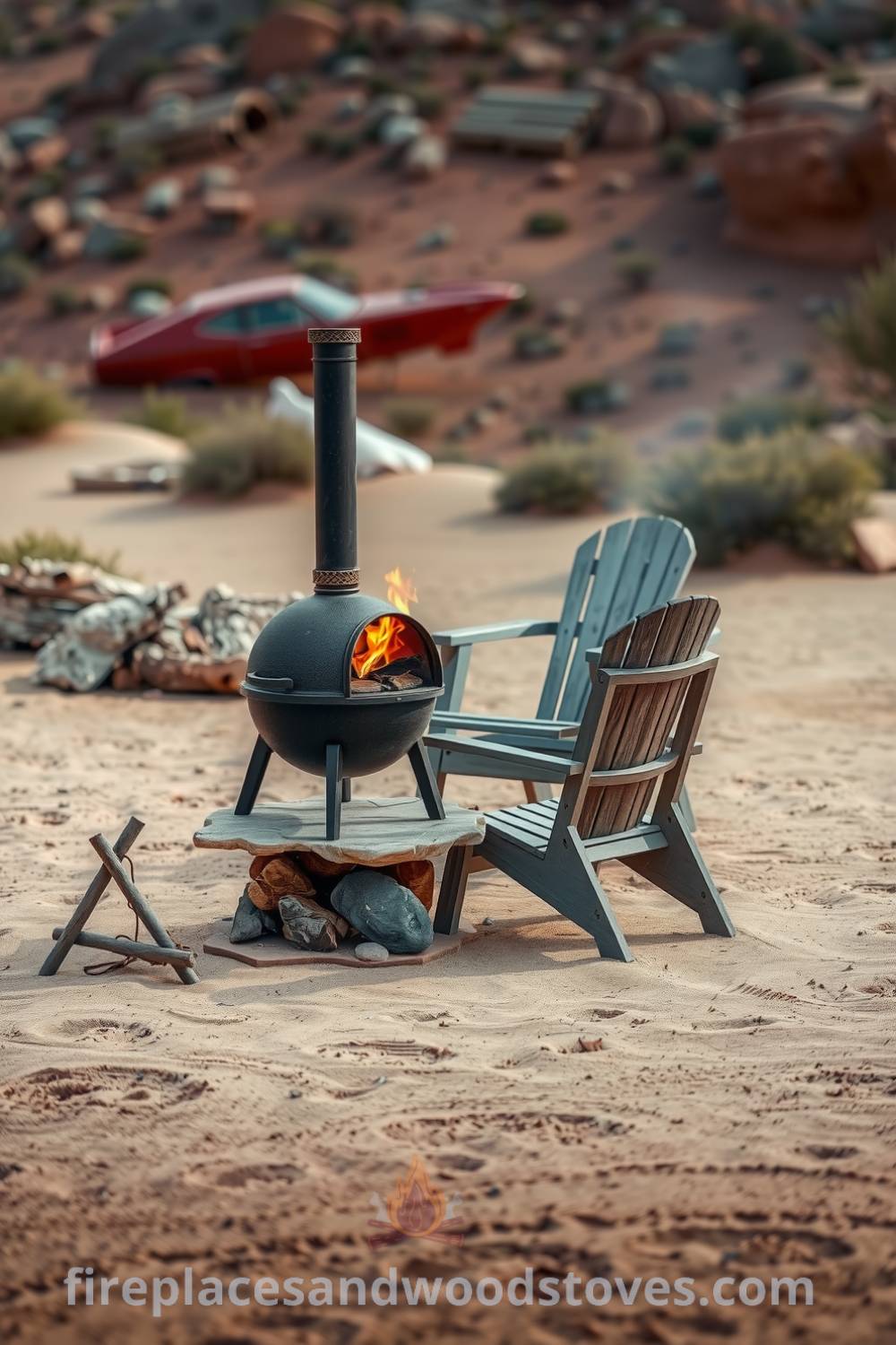 Rustic outdoor barbecue on a sandstone base, featuring a warm wood-burning grill, nearby weathered chairs, and a cozy desert landscape, providing inviting decor ideas for gatherings at home. Visit fireplacesandwoodstoves.com for more cozy inspirations.