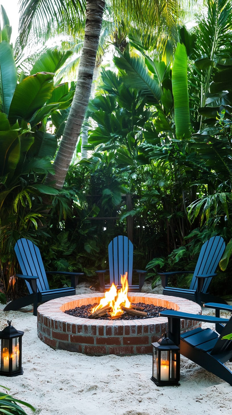 An outdoor fire pit surrounded by blue chairs, nestled in a tropical garden with palm trees and lush plants, creating a cozy and inviting atmosphere.