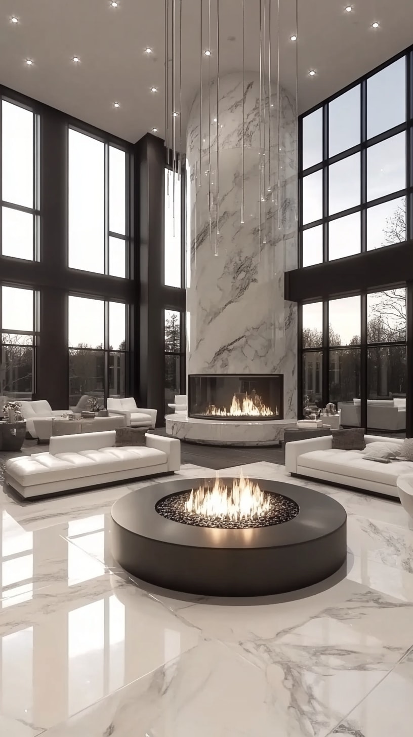 A modern luxurious living room with tall windows, white marble floors and walls, a black steel frame, and a circular fireplace surrounded by a grey leather sofa.