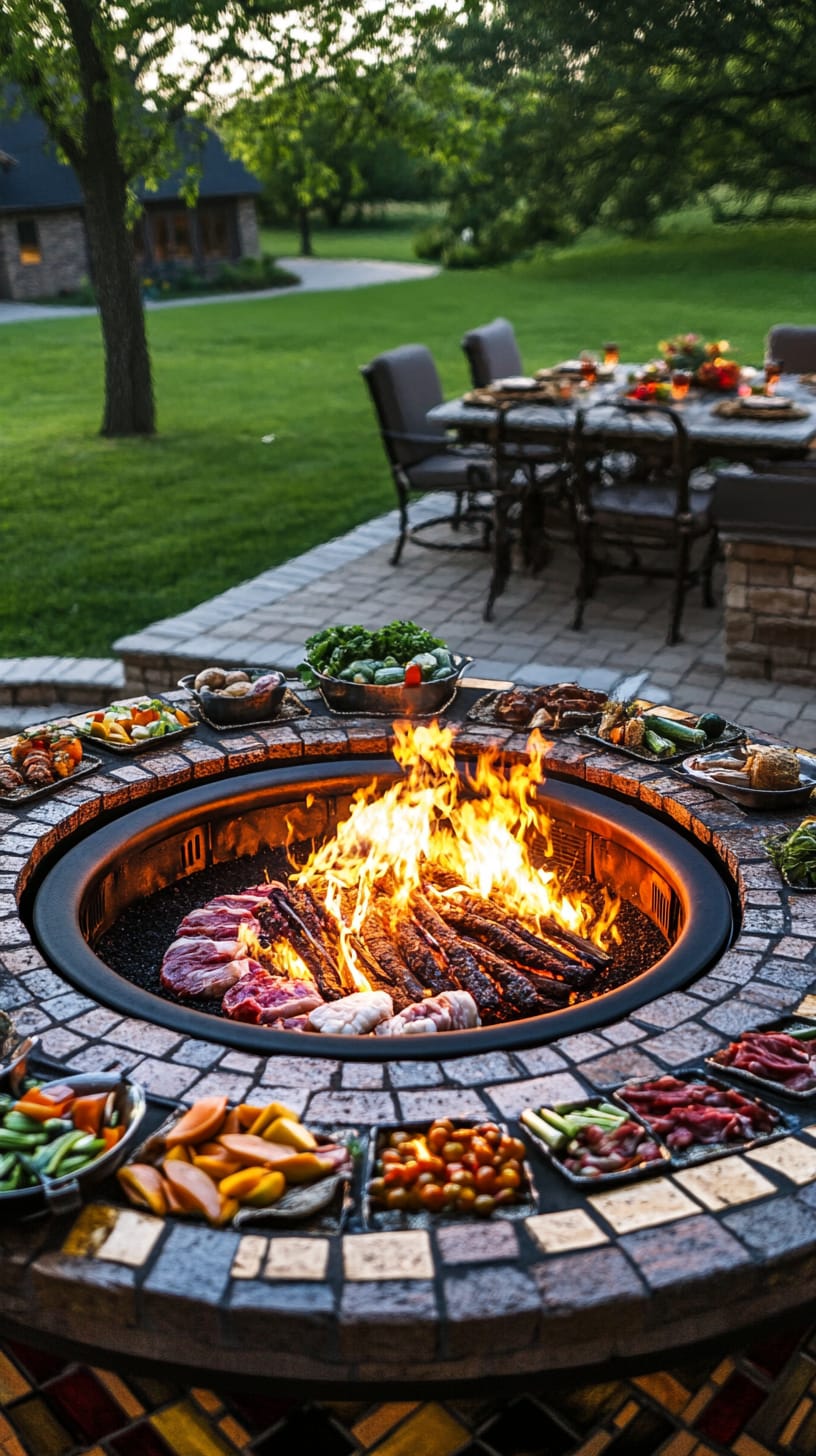 A large outdoor dining area featuring a central fire pit with grilling meats and vegetables, surrounded by lush green grass, capturing a lively barbecue atmosphere.