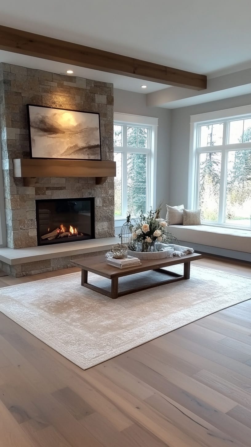 A modern farmhouse living room featuring white oak flooring, light gray walls, and a stone fireplace, complemented by a cozy area rug and inviting seating arrangements.