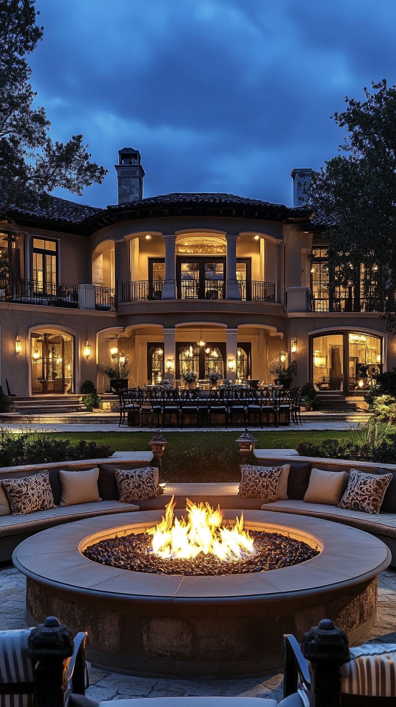 A luxurious outdoor fire pit surrounded by comfortable seating, with a grand mansion illuminated at night in the background.
