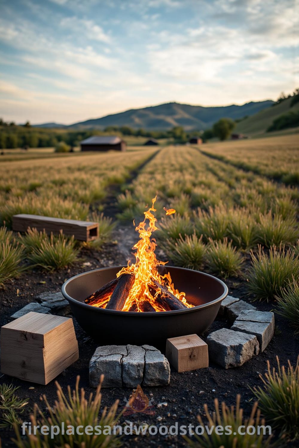 A cozy nomadic firepit barbecue set in an open field surrounded by tall grasses, with rustic wooden crates used as tables and charred logs nearby, creating an inviting atmosphere for gathering and storytelling at fireplacesandwoodstoves.com.
