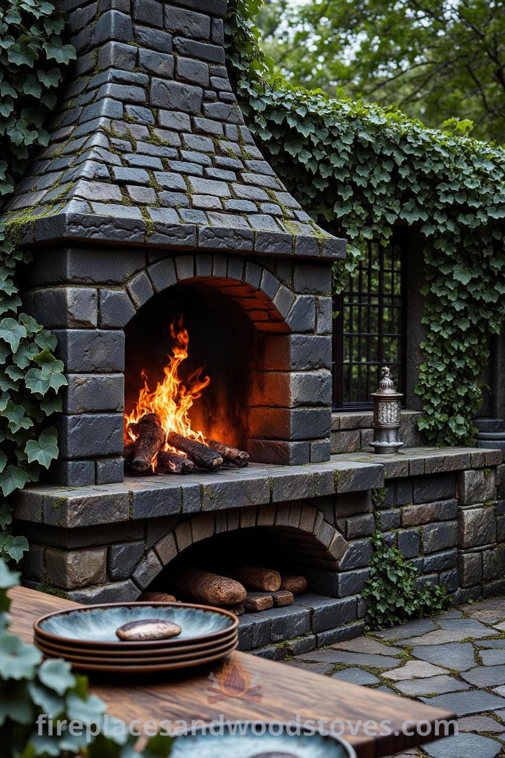Gothic stone outdoor barbecue nestled in an overgrown garden with ivy, weathered cobblestones, flickering flames, and an aged wooden table set with mismatched plates, creating a cozy and inviting atmosphere for intimate gatherings at fireplacesandwoodstoves.com.