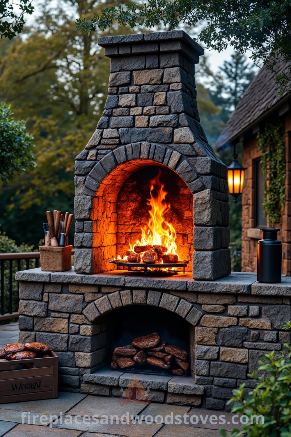 Gothic stone outdoor barbecue in a secluded garden with flickering flames, surrounded by greenery and an old wooden crate stacked with grilling tools, creating cozy design ideas for your home at fireplacesandwoodstoves.com.