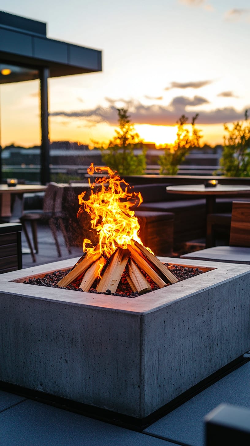 A modern rooftop fire pit surrounded by concrete seating and wooden accents, with a colorful sunset sky in the background.