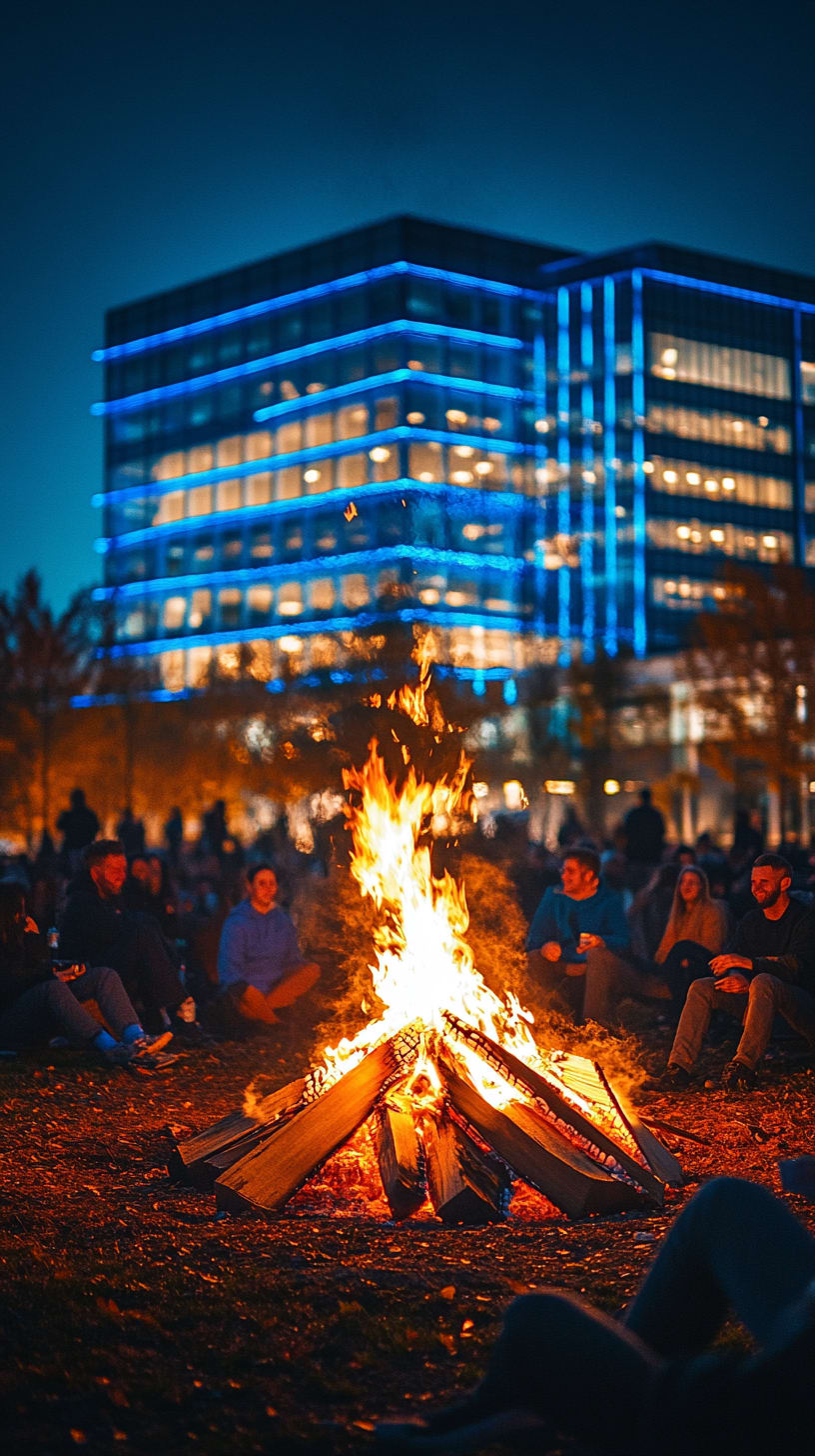 A group of people gathered around a large bonfire at night, laughing and sharing stories, illuminated by blue lights from surrounding office buildings.