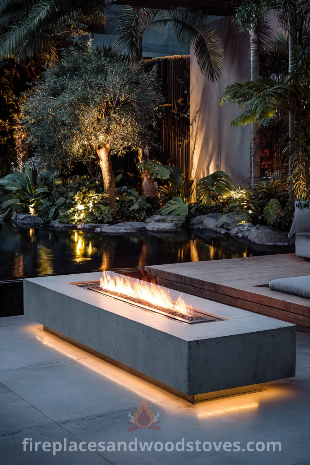 Outdoor fireplace in smooth light gray concrete surrounded by greenery with a tranquil vibe, minimalist landscape, and subtle integrated lighting.