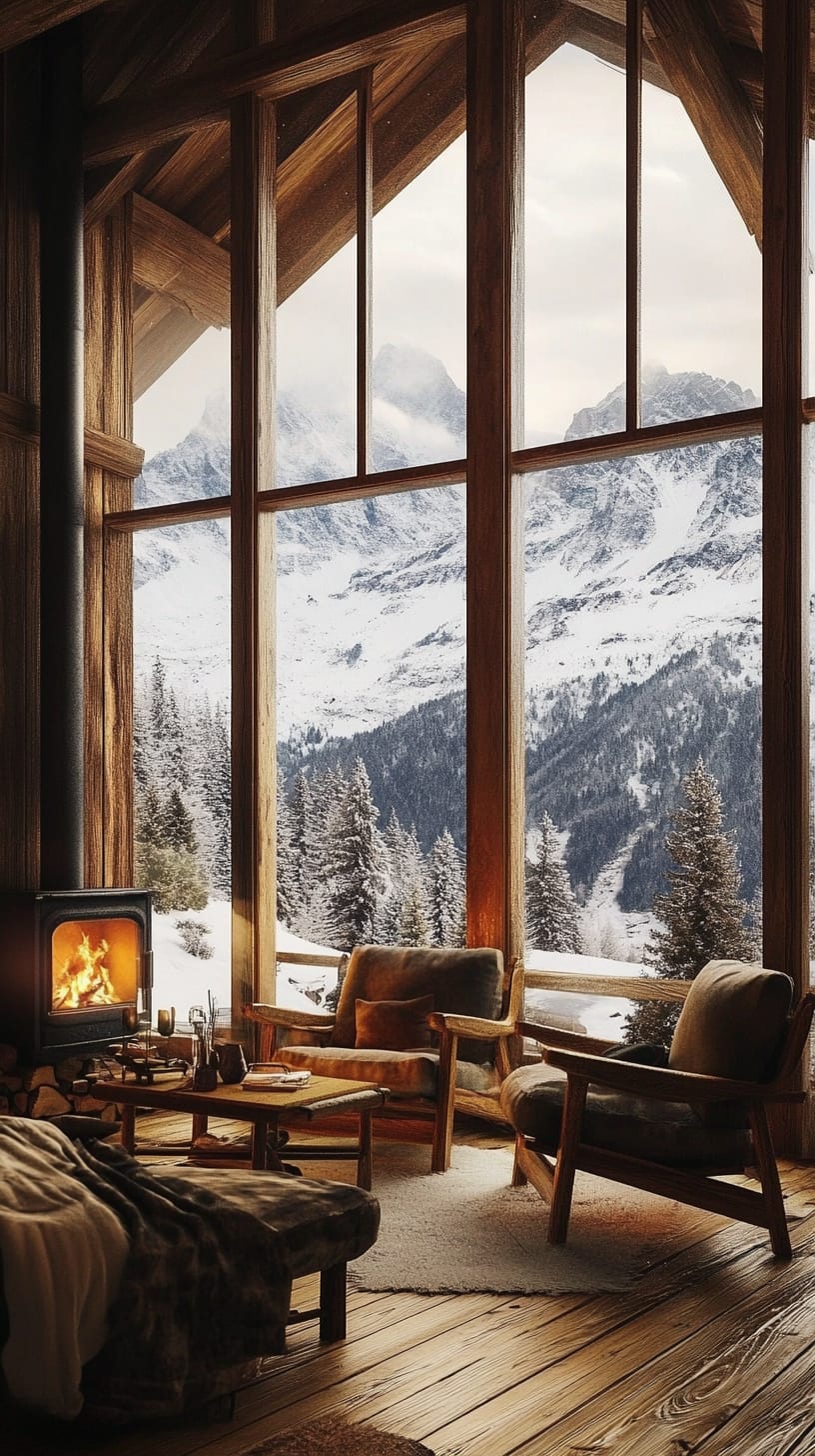 A warm cabin interior featuring large windows with views of snow-covered mountains, a fireplace, and comfortable wooden furniture, creating a cozy and inviting atmosphere.