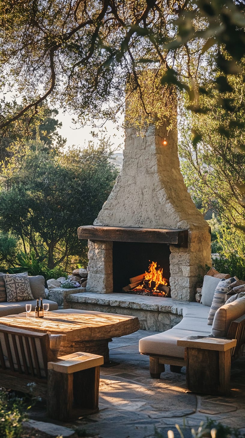 A rustic outdoor fireplace surrounded by olive trees and comfortable seating, creating a warm and inviting atmosphere for gatherings.