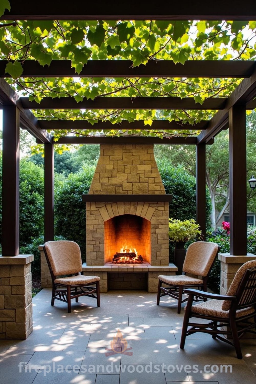 Pergola-integrated outdoor fireplace on a charming patio surrounded by lush greenery, featuring mismatched chairs and warm embers illuminating rustic wooden beams and a textured stone floor, ideal for cozy evenings and conversations, showcasing unique ideas for your home from fireplacesandwoodstoves.com.