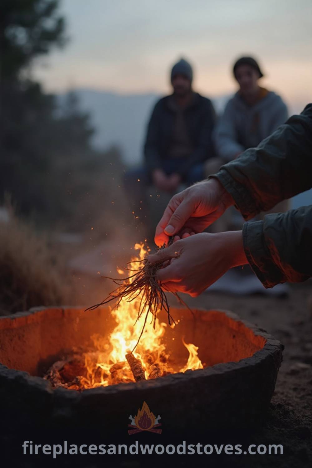 A person struggles to light a natural fire starter in a windy outdoor setting, with a cozy fire pit and friends gathered in the background as twilight approaches.