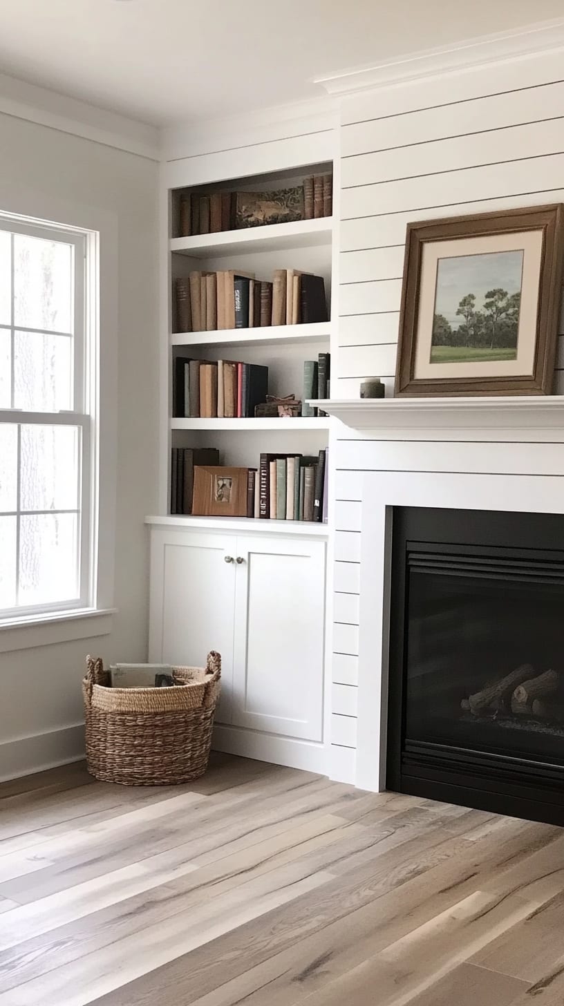 A bright and inviting living room featuring white shiplap built-in bookshelves, a fireplace, oak flooring, and natural light from large windows, creating a cozy farmhouse-style interior.