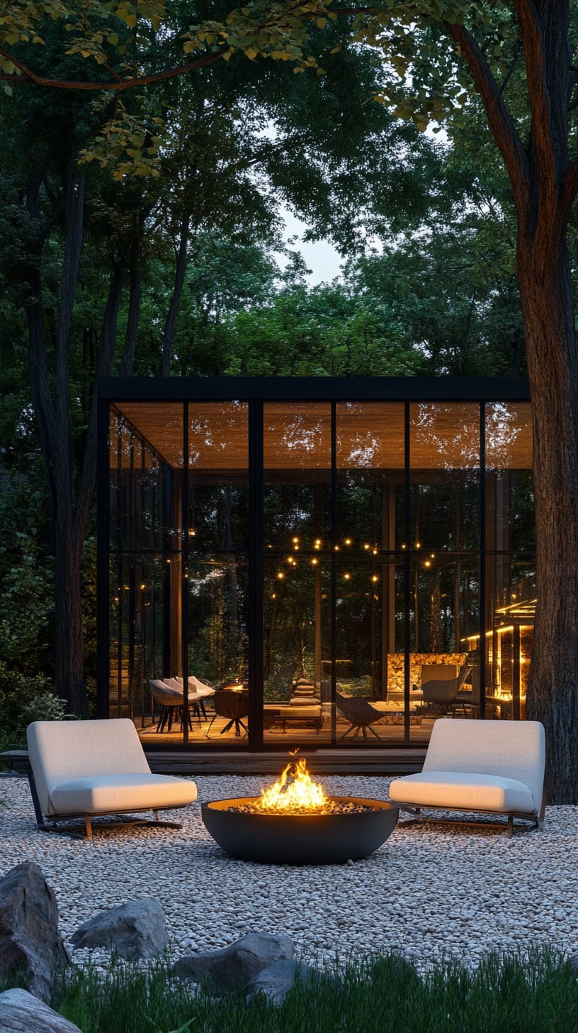 A modern glass house surrounded by trees, featuring outdoor seating and a fire pit, embodying a serene retreat in the woods.