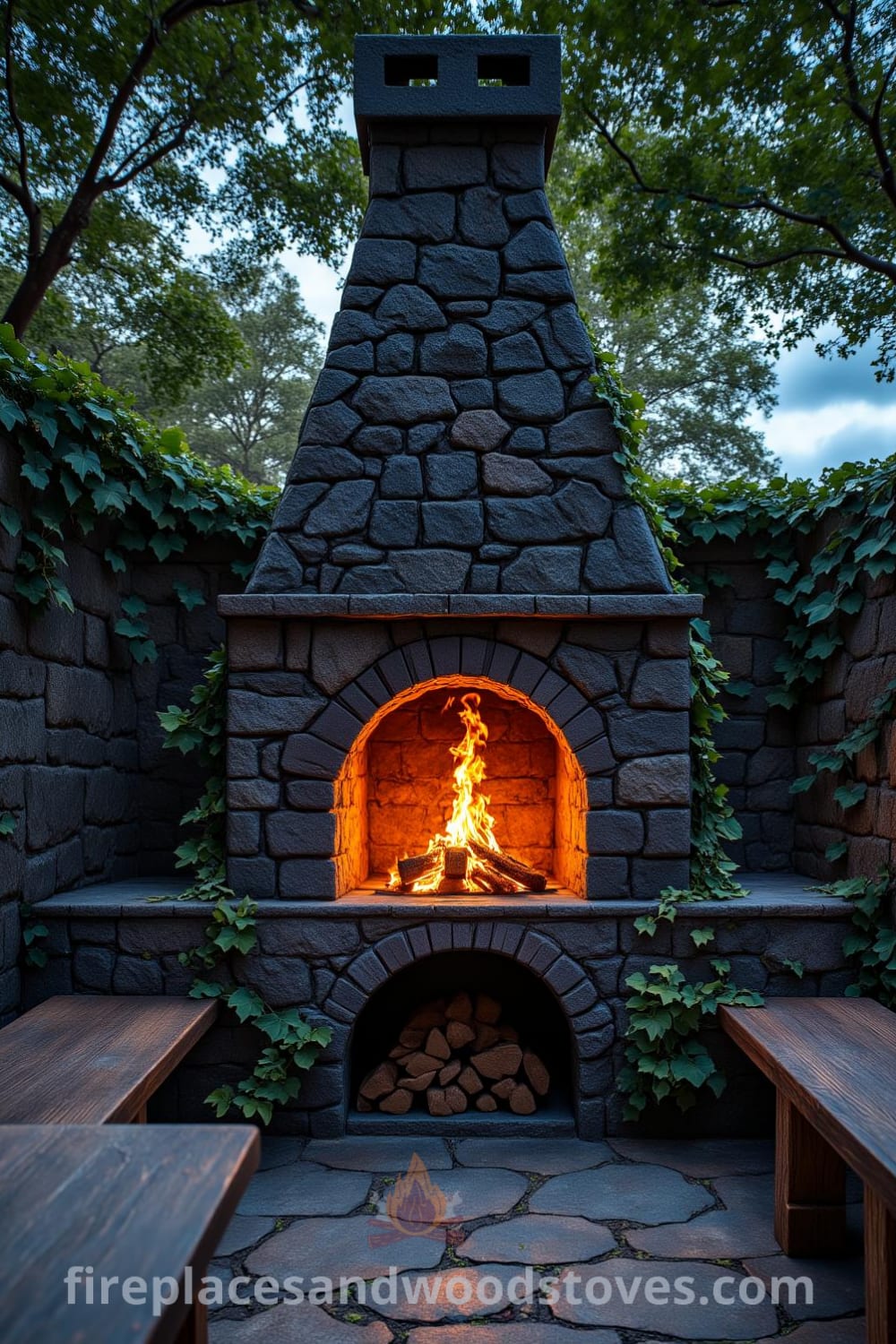 Gothic stone outdoor barbecue in a shaded garden with flickering flames, dark weathered surfaces, ivy accents, and rustic wooden benches, creating cozy ideas for unique outdoor entertaining and decor inspirations at fireplacesandwoodstoves.com.