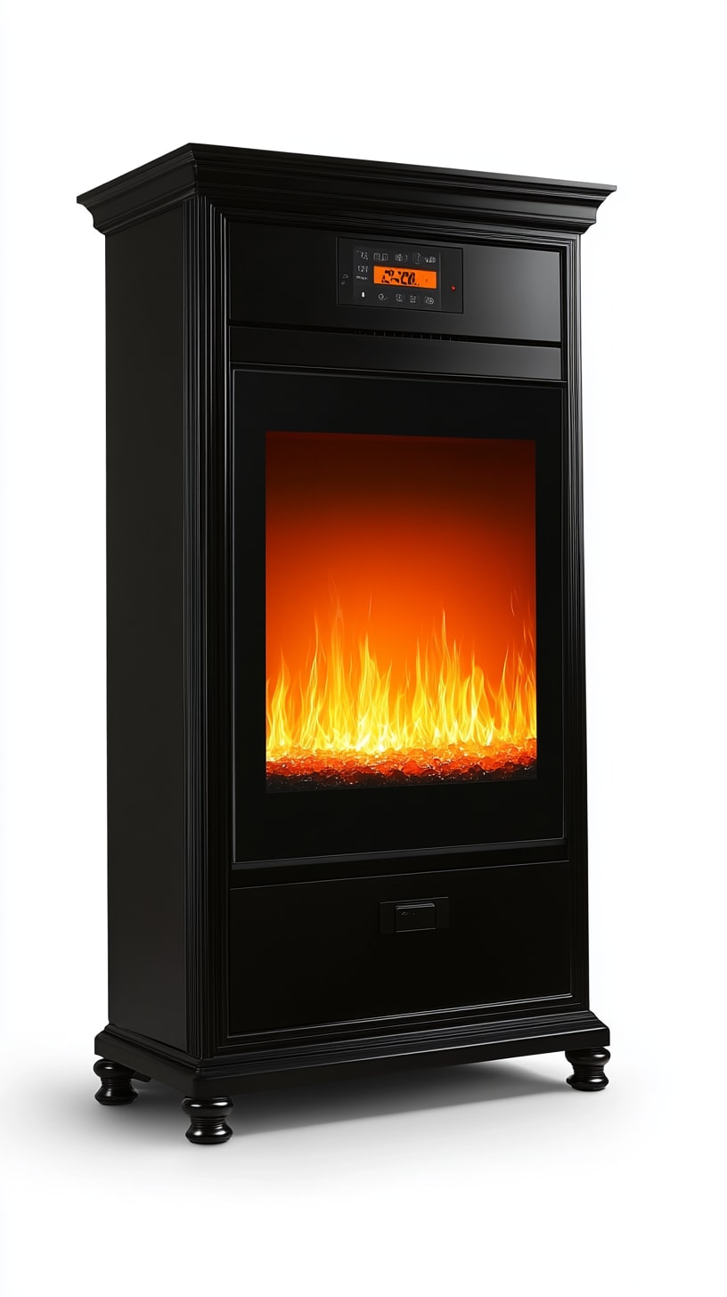 A black electric fireplace with realistic flames, housed in a mobile black cabinet, set against a white background, featuring a warm orange glow.
