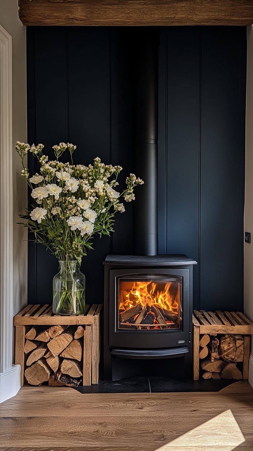 A wood-burning stove set against dark blue paneled walls, accompanied by white flowers in a vase, creating a cozy and modern living environment.