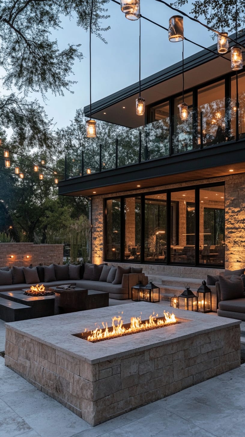 A modern outdoor living space featuring a stone fire pit surrounded by seating, string lights above, and large windows, creating a cozy atmosphere at night.
