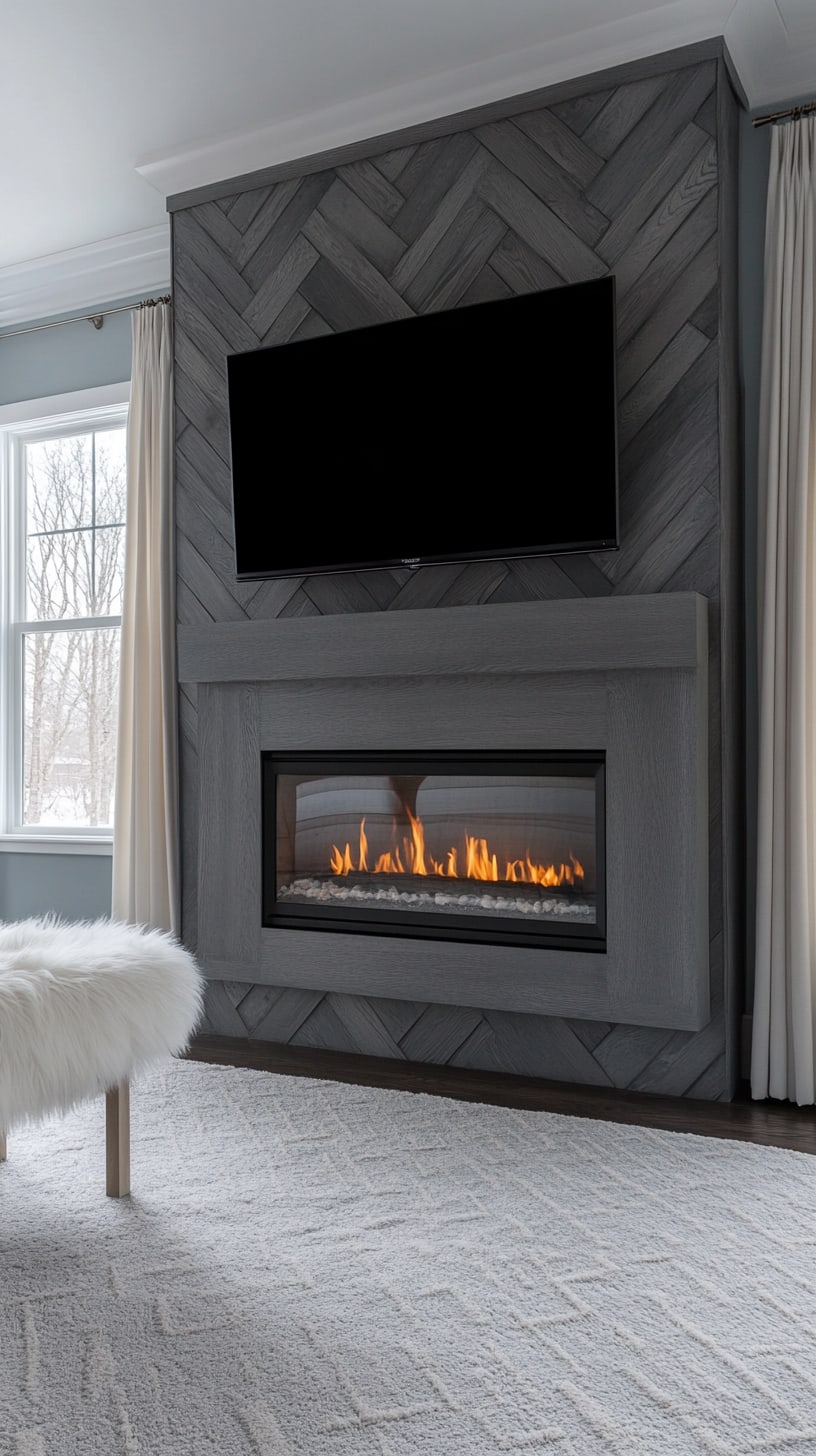 A modern living room featuring a gray herringbone fireplace with a TV mounted above, complemented by a fluffy white rug and natural light coming through large windows.